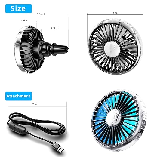 USB Car Fan for Air Vent, 360° Rotatable Clip On Cooling Fan with LED Light, Portable Vehicle Fan for Backseat, Truck, SUV, RV, Quiet Car Vent Fan for Summer Travel, Car Seat Cooling Fan,Black - Image 7