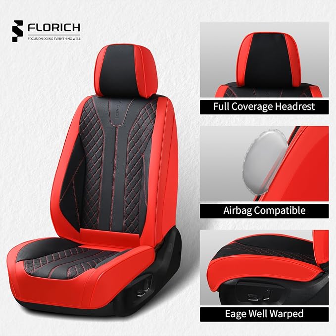 FLORICH Car Seat Covers Front Seats and Back Faux Leather Seat Cover Waterproof Seat Covers Car Seat Cushion 5 Seats Car Seat Protector Universal Fit for Most Cars SUV Trucks, Black&Red - Image 5