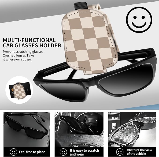 Leather Magnetic Sunglass Holder for Car Sun Visor, Cute Eyeglass Ticket Card Hanger Clip, Universal Auto Interior Accessories for SUV Pickup Truck Light Brown Checker - Image 2