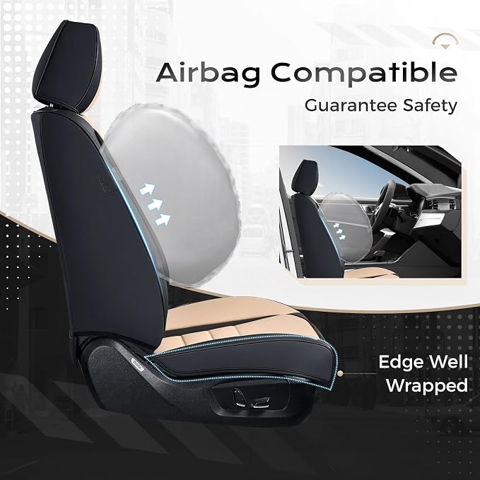 Coverado Car Seat Covers Full Set, Nappa Leather Seat Covers for Cars, Car Seat Protector Car Seat Cushion, Front and Back Seat Protectors Cushions Universal Fit for Most Cars Vehicles(Black&Beige) - Image 5