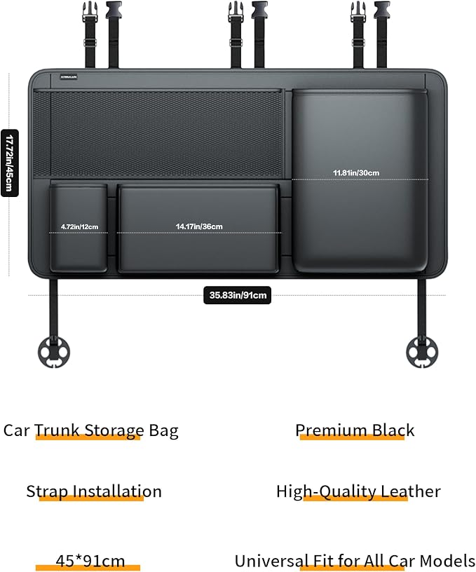 PU Leather Hanging Trunk Organizer, 36in Black | Sturdy Non-Sagging, Tool-Free Install, Fits SUV & Truck, Waterproof Easy Clean, Vertical Backseat Storage - Image 6