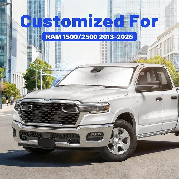 Car Windshield Sun Shade Umbrella for Dodge RAM 1500/2500 2013-2026 | [Reflective Coated Fabric] Car Shades Sun Visor Keep Car Cool and Protects Interior, 1:1 Exact Fit - Image 2