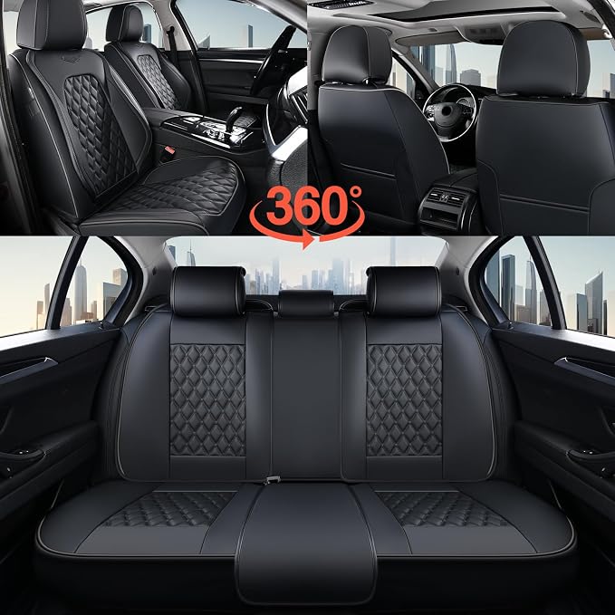 Coverado Full Set Car Seat Covers, Black Leather Seat Protectors, Luxury Front & Back Car Seat Covers,Waterproof Universal Fit, Automotive Seat Covers for Most Cars-Black - Image 7