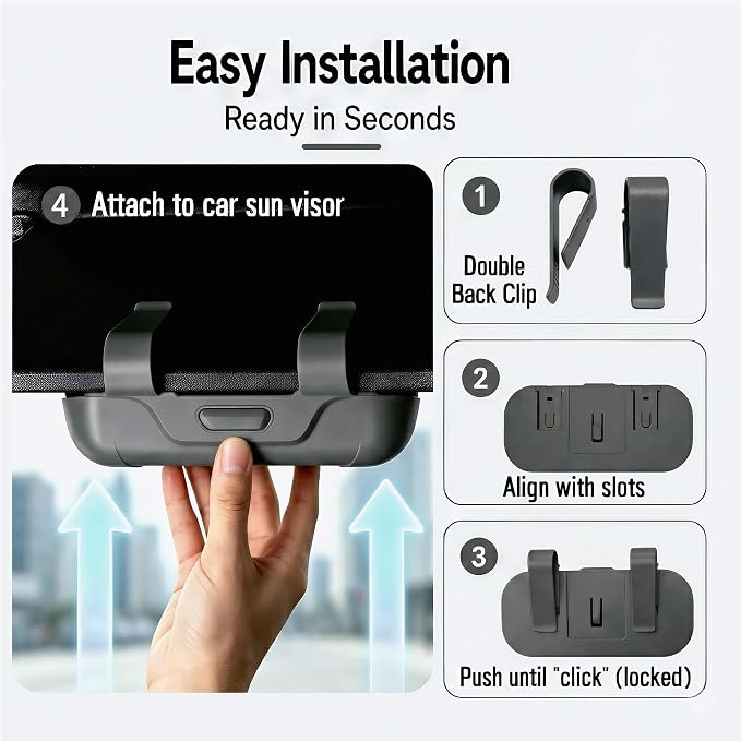 Car Sun Visor Sunglasses Holder,Gray ABS Eyeglasses Case | Card Storage,Soft Flocked Interior,Anti-Rattle Triangle Slot,Double Clips,Push Button Access,Scratch Protection,Universal Fit - Image 4