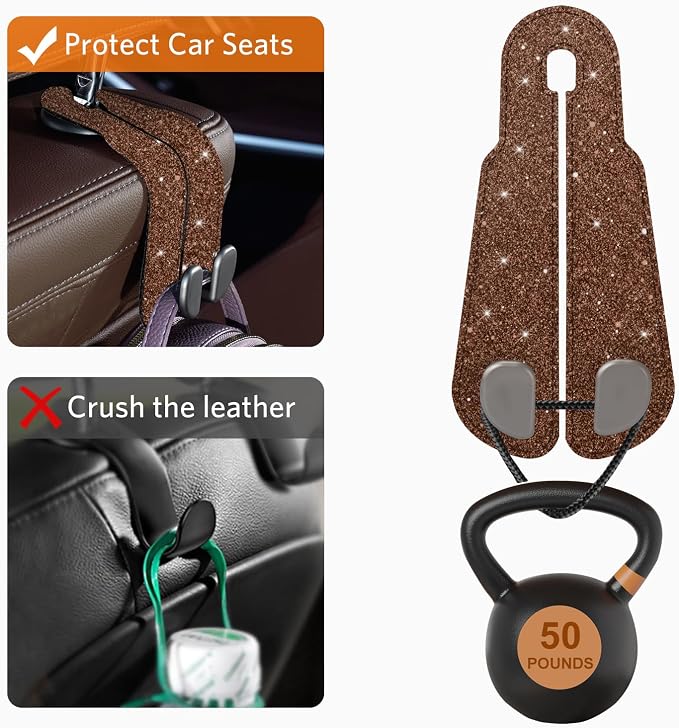 CoBak Purse Hook for Car - Universal Premium Stitched Leather and Aluminum-Magnesium Alloy Double Car Seat Back Storage Hook for Purses, Handbags, Bags (2 Pack),Brown Glitter - Image 5