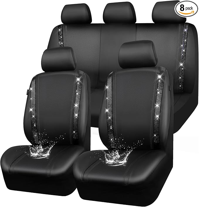 CAR PASS Leather Bling Diamond Car Seat Covers Full Set, Shining Rhinestone Waterproof Durable Rear with Zipper, Universal Fit Automotive Glitter Crystal Sparkle Strip for Cute Women Girly Black by CARPASS