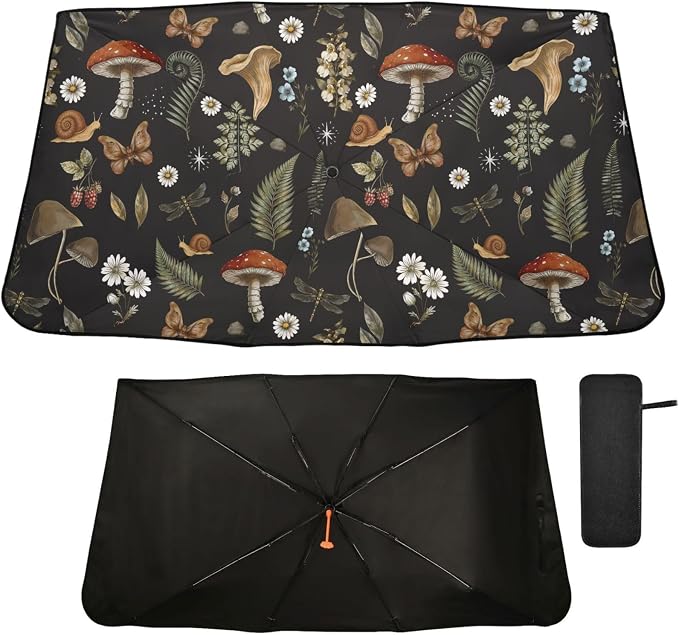 Mushrooms Windshield Sun Shade Umbrella Vintage Flower Butterfly Dragonfly Foldable Car Front Window Sunshade Blocks UV Rays Heat Keep Vehicle Cool (55" x 27.5") by Oarencol