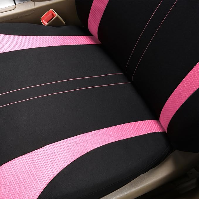 Flying Banner Car Seat Covers Full Set Front Seats and Rear Bench Mesh Fabric Splicing Polyester Cover Black with Pink Color - Image 4