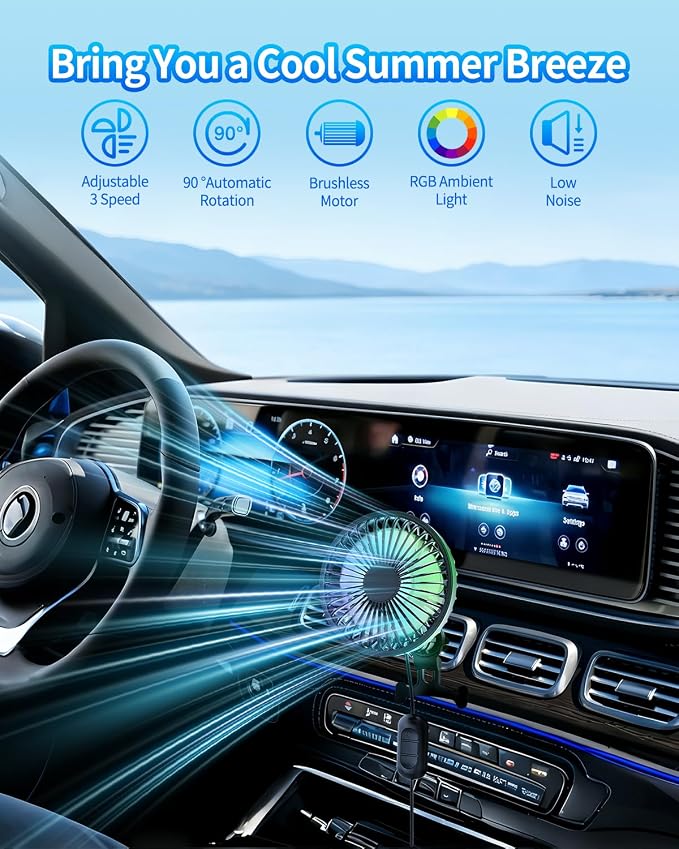 Car Fan, Portable Cooling Fan with Adjustable 3 Speed Wind and 5 RGB Light, Rotatable 360° Automatic Oscillating,Quiet operation, USB Powered, Air Circulation for Vehicle, Van, Truck, SUV - Image 3