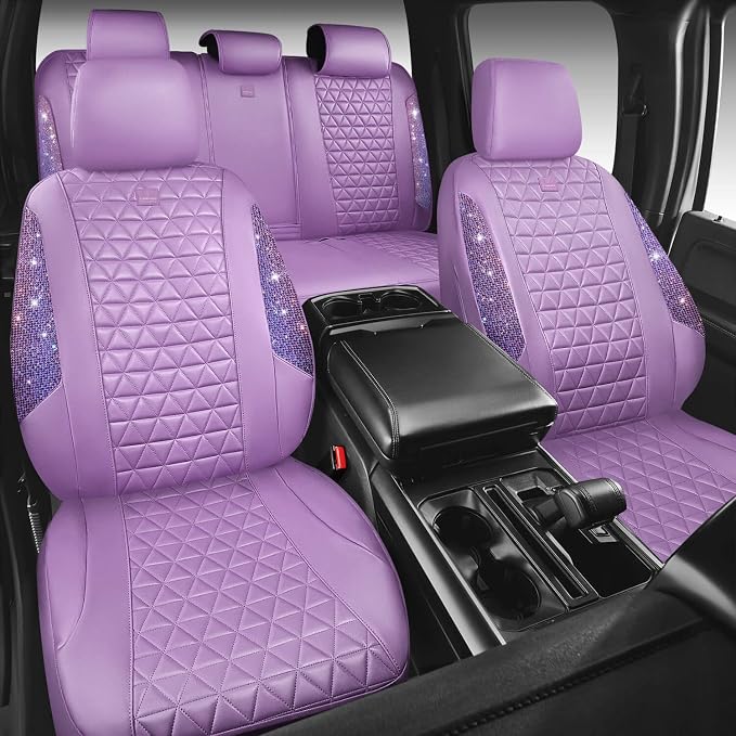 CAR PASS Light Purple Bling Diamond Leather Car Seat Covers Full Sets, Waterproof Shining Glitter Sparkly Crystal Universal Armrest Fit for Automotive Truck SUV Cute Women Girl,Lavender Rhinestone - Image 8