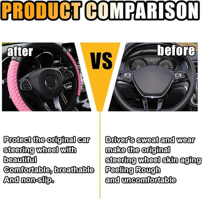 JOYCOURT 15 Inch Bling Soft Leather Car Steering Wheel Cover, Pink | Colorful Rhinestones Design, Auto Elastic Protector for Women Girls, Crystal Diamond Car Accessories for Most Cars, SUVs - Image 3
