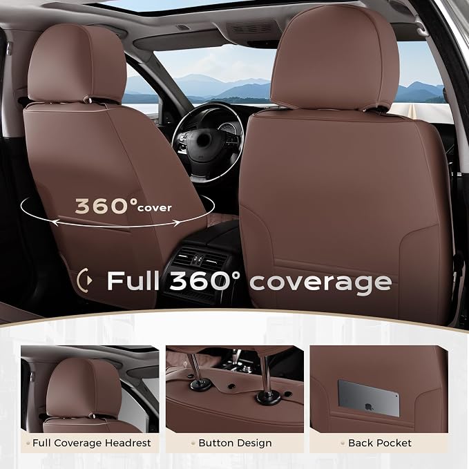 Coverado Front Seat Covers, Luxury Faux Leather Durable Anti-Scratch Cushions, Universal Fit for Cars, SUVs, Pickups, Waterproof Automotive Seat Covers, Car Accessories – Brown - Image 3