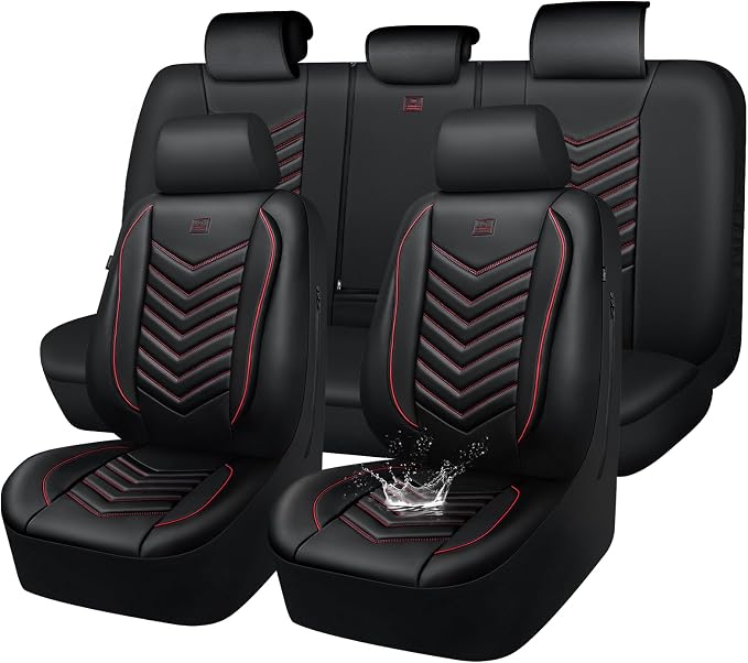CAR PASS 3D Foam Faux Leather Seat Covers Full Set, Red Waterproof Leather Seat Cover for Cars,Luxury Universal Fit for SUV Truck Sedan Automotive,Armrest Airbag Compatible Anti-Slip,Black and Red by CARPASS