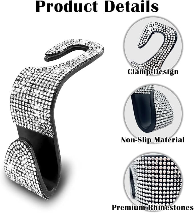 OSIFIT 2PCS Car Seat Hooks, Bling Rhinestone Headrest Hooks, Universal Bling Car Interior Accessories, for Handbag, Clothes, Purse, Water Bottle (White) - Image 2