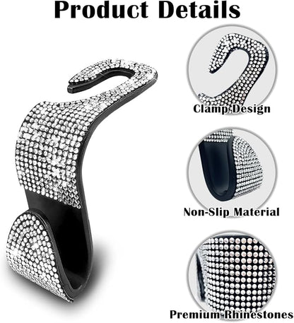 OSIFIT 2PCS Car Seat Hooks, Bling Rhinestone Headrest Hooks, Universal Bling Car Interior Accessories, for Handbag, Clothes, Purse, Water Bottle (White) - Image 2