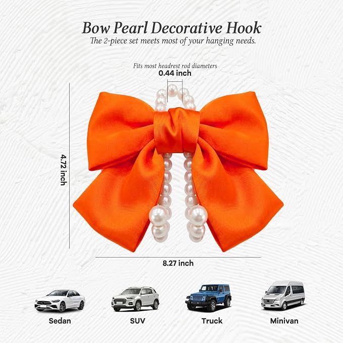 2PCS Satin Bow Pearl Car Seat Headrest Hooks – Car Bag Holder & Vehicle Hanger for Purses – Cute Coquette Aesthetic Interior Decoration – Cute Auto Organizer Accessories Universal (Orange) - Image 2