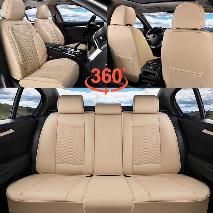 Coverado Car Seat Covers Full Set, Waterproof Nappa Leather Seat Covers for Cars, Universal 5 Seats Car Seat Covers, Front and Back Car Seat Protector, Auto Seat Covers Fit for Most Cars, Beige - Image 6