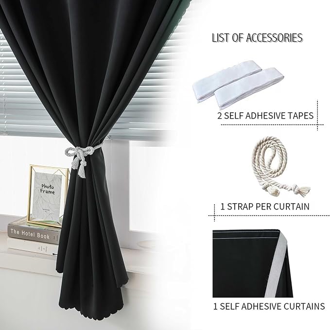 Thermal Blackout Curtains with Self-Adhesive Tape, No Rod No Drill Easy Install Window Cover for Bedroom Kitchen Dorm, 71" W x 59" L, Black, 1 Panel - Image 7