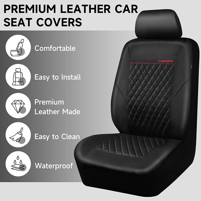 CAR PASS Quilting Faux Leather Seat Covers Full Set, Waterproof Black | Deluxe Premium Seat Cover with 5mm Composite Sponge Inside, Airbag Compatible Auto Seat Cover Universal Fit for Sedan SUV Van - Image 4