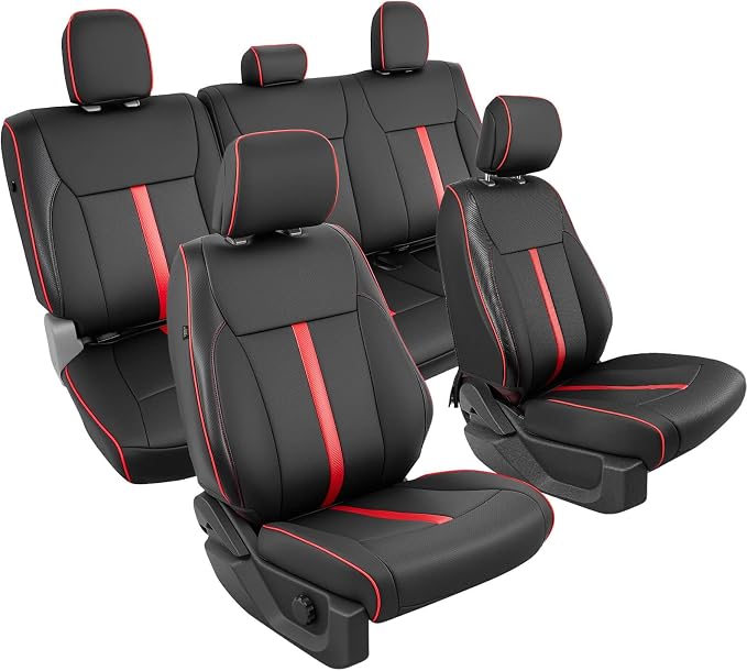 DiffCar® for Ford F150 Seat Covers 2015-2023 2024 2025 2026, Black/Red | Full Set Faux Nappa Leather, SuperCrew & Crew Cab XL XLT Only, Custom Fit Truck Accessories Car Seat Protectors for F-150 by DifferentDesignsforCars