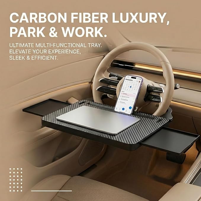 Car Back Seat Tray Table with Expandable Tray - 2-Sided Car Desk for Kids & Adults, Extra Wide & Sturdy Headrest Mount with Non-Slip Pad, Tablet/Laptop Holder for Road Trip(Carbon fiber front panel) - Image 3