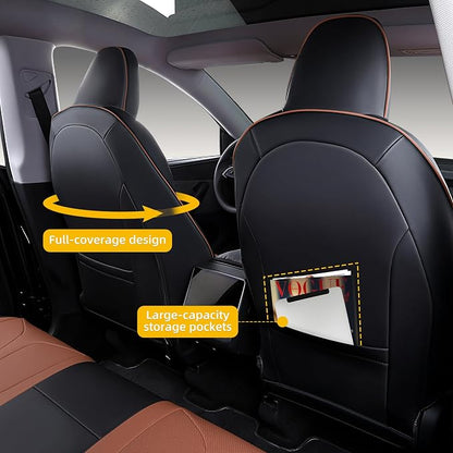 Custom Seat Covers for 2025 2026 Tesla Model Y Juniper 5-Seater Black+Brown | Waterproof Breathable Nappa Leather, OEM Factory Style Full Set, Full Coverage Design with Armrest Covers, Airbag Compatible - Image 7
