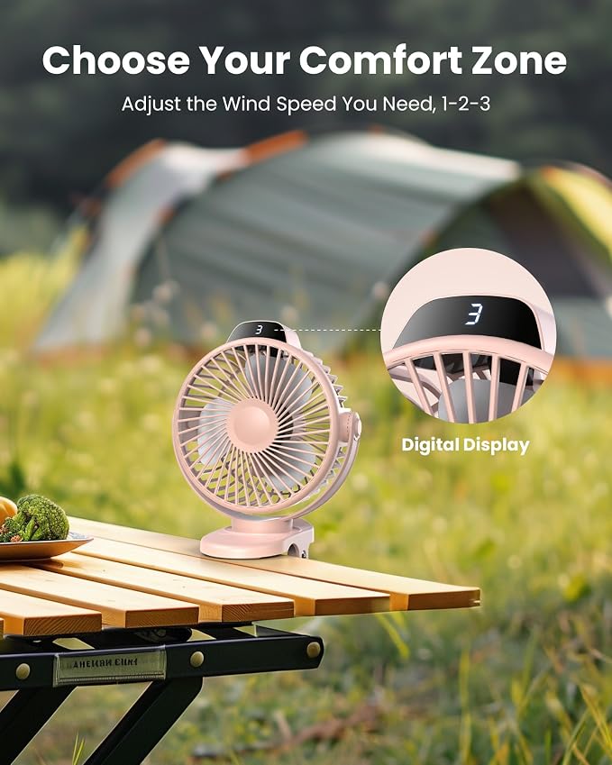 Koonie Portable Clip-On Fan, Small Rechargeable Battery Operated, 3 Speeds | Pink Mini Clamp Fan With LED Display, 360° Rotate Personal Cooling Desk Fan for Stroller Bed Travel Camping Golf Gym - Image 3