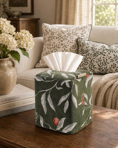 Chenille Tissue Box Cover - Vintage Farmhouse Decor, Green Leaf | Tissue Box Cover Square, Cube Tissue Holder, 4.5x4.5x5.5 in, Home, Living Room, Bathroom, Bedroom, Office, Vanity, Car Decor - Image 5