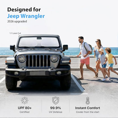 2026 Upgraded Windshield Sun Shade for Jeep Wrangler [Precision Custom Fit, Superior UV & Heat Block] Cooling Tech Fabric, Durable Foldable with Storage Bag, Fits 2000-2025 - Image 2