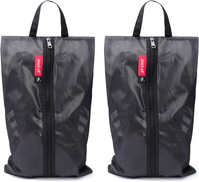pack all Plus-Sized Shoe Bag for Travel, Water-Resistant Shoe Pouch | Odor-Resistant, Dustproof, Portable, Soccer Cleats & Gym Storage, Fits Up to Size 16, 2 Pack, Black by packall