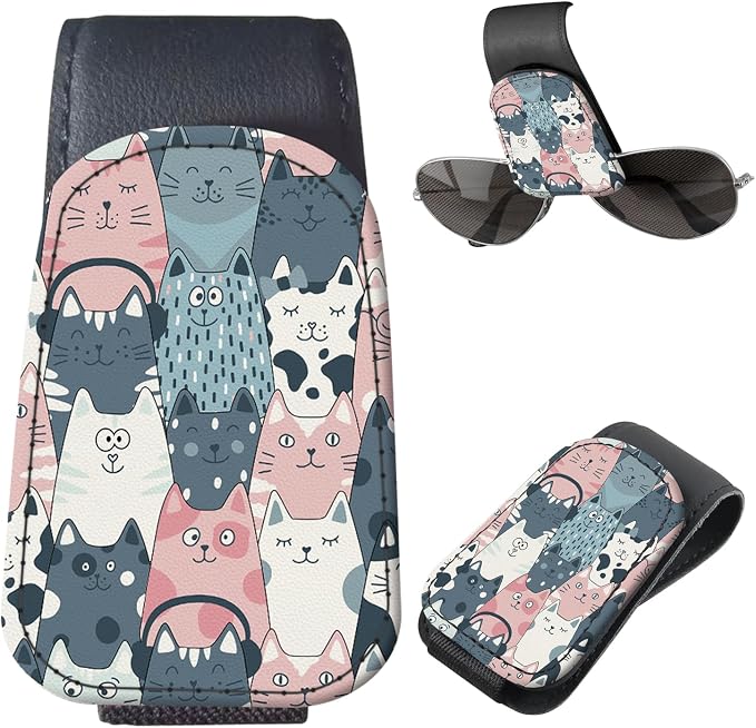 Sunglasses Holder for Car Visor, PU Leather Glasses Clip Organizer, Cute Magnetic Eyeglass Holder for Vehicle Sun Visor, Car Interior Accessory for Women & Men Cute Cat Faces by Unknown