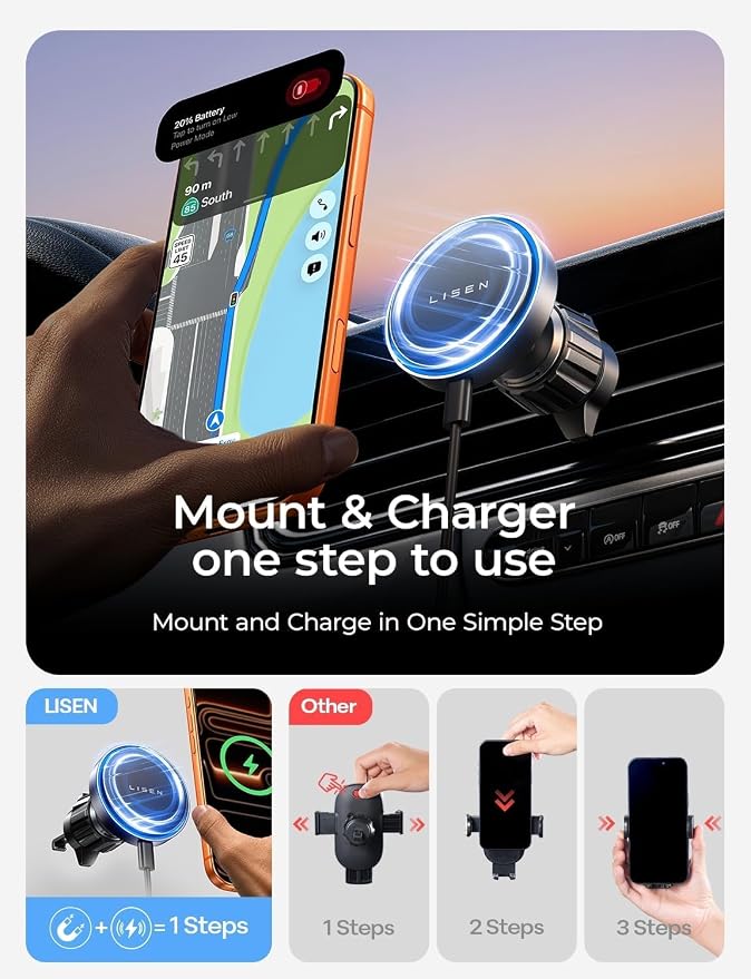LISEN 15W MagSafe Car Mount Charger,[Light Pink] Magnetic Wireless Car Charger, Dashboard & Air Vent Car Phone Mounts, Car Phone Holder for iPhone 17-12, Samsung, Pixel, Cute Car Accessories for Women | [Light Pink & Purple LED light] Magsafe Car Mount... - Image 4