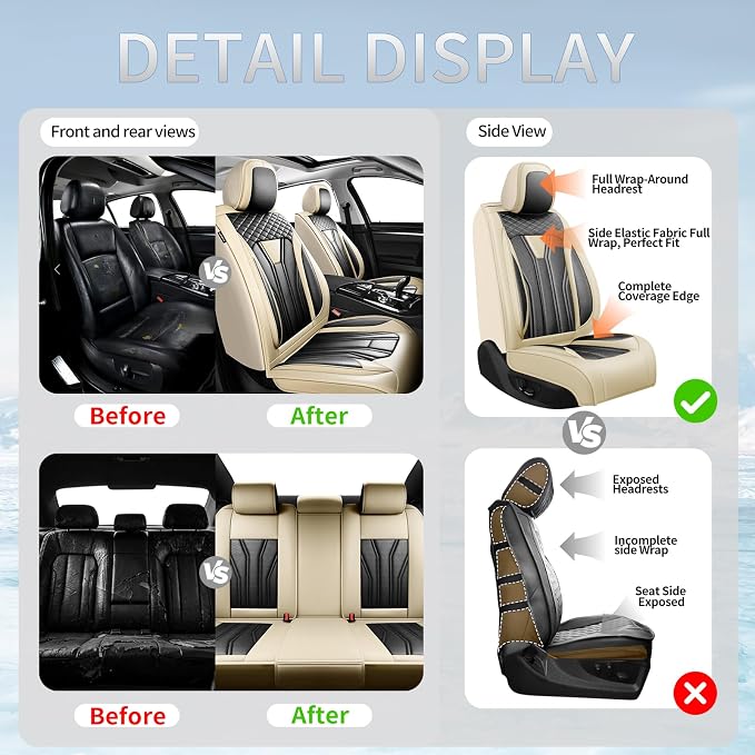 Fit Tacoma Premium Leather Car Seat Covers for Toyota Tacoma 2016-2022 2023 - Waterproof，Breathable，All-Weather Seat Cushion Protecto & Airbag Compatible, Full Set Beige&Black - Image 6