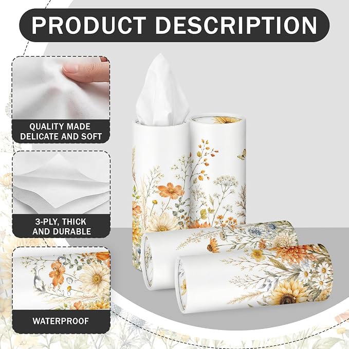 Arttown Car Tissue Holder for Cup Holder Facial Tissues 12 Pack Golden | Floral Bulk 3-Ply,Refillable Marble Print Cylinder Tissue Boxes,Fit Car Home Office School (600 Sheets Total,50 Sheets Each) - Image 6