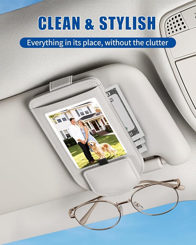 Car Visor Sunglasses Holder, 3 in 1 Glasses Clip with Photo Picture Display & Extra Storage Pocket, Anti-Slip Universal Sun Visor Organizer, 2026 Upgraded (1, Off-White) - Image 2
