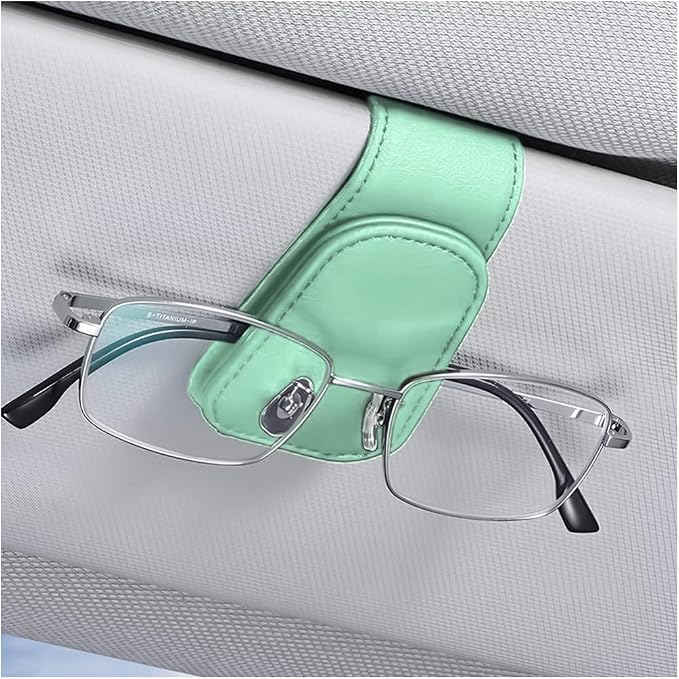AICEL Sunglasses Holders for Car Sun Visor, Magnetic Clip, Light Green | Leather Eyeglasses Hanger Mounter, Magnetic Glasses Holder and Ticket Card Clip, Car Accessories, Universal Fit by AICEL