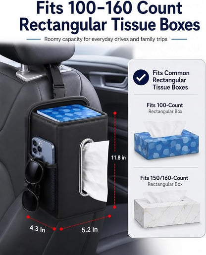 COZILO Leather Car Tissue Holder for Front & Back Seats, Car Tissue Box with 2 Side Mesh Pockets, Wide Metal Opening for Easy Pull, Fits 100–160 Count Rectangular Tissue Boxes, Black - Image 6