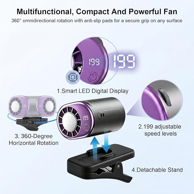 Clip On Fan with Led Display, Portable Ac for Car, 16°C Cooling System, 360° Rotation & 199 Speeds Adjustable Mini Car Fan, Car Air Conditioner, Personal Fan for Vehicle, Office, Outdoor Use (Purple) - Image 3