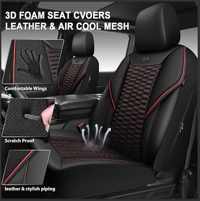 CAR PASS 3D Foam Mesh Leather Car Seat Covers Full Set,Breathable Mesh Faux Leather Seat Covers for Car,Universal Fit for SUV Truck Sedan Automotive, Armrest Airbag Compatible,Black and Red - Image 2