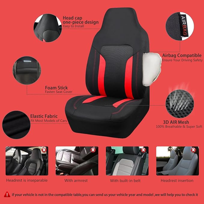 CAR PASS Bucket Car Seat Cover, Breathable 3D Air Mesh-100% Sporty Fabric Front Seats, Airbag Compatible, Universal Fit Automotive SUV Truck Sedan Vans Women, High Back Two Front 2 Piece, Black Red - Image 3