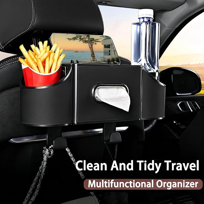 Back Seat Car Organizer,4 in 1 Multifunctional Car Back Seat Storage Box with Drink Cup Holder Tissue Box, for Hold Phone,Snacks, Drinks, Handbag-Black-2Packs - Image 2