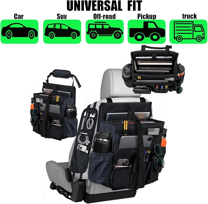 2 Pack Front or Seat back organizer seat side pocket with dedicated tablet and 17 IN laptop storage stabilizers external stabilizing side straps soft adjustable shoulder straps (Large Black) - Image 9
