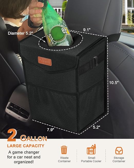 Pritent Car Trash Can with Lid Leakproof Car Garbage Bag Vehicle Trash Bin | Hanging Automotive Garbage Can,Multipurpose Car Accessories for Women Men Interior Car Storage Organizer(2 Gal,Black) - Image 2