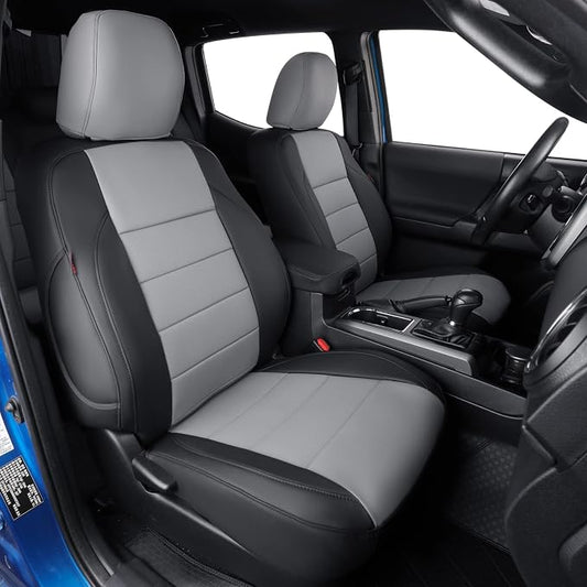 Custom Front Seat Covers Compatible with Select Toyota Tacoma Double Cab 2016 2017 2018 2019 2020 2021 2022 2023 Models - Leatherette (Black/Gray,Full Set) by Coverdream