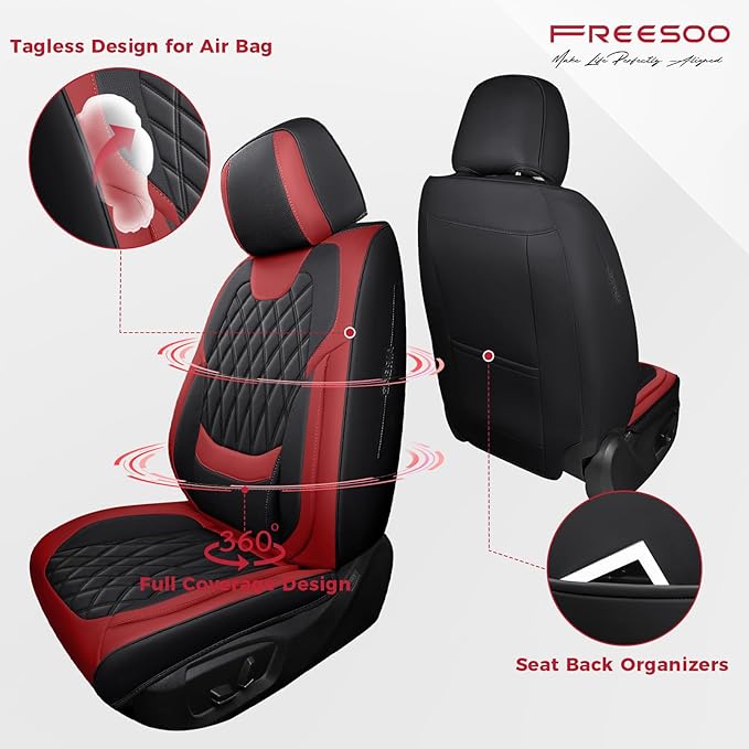 FREESOO Car Seat Covers Full Set Faux Leather Universal Fit Black Red | faux nappa leather seat covers, waterproof breathable, full set lumbar support, front rear covers, fit sedans suvs pickups - Image 2