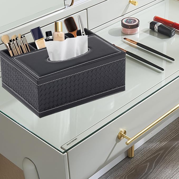 Tissue Box Cover Rectangle Black Tissue Box Holder PU Leather Facial Tissue Organizer,Multifunctional Remote Control Stationery Storage Box,Home Office Supplies Car Napkin Caddy - Image 6