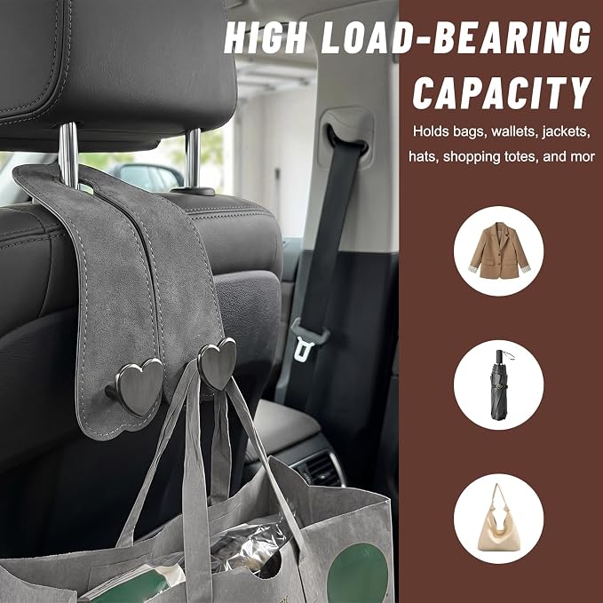 2 PCS Car Seat Headrest Hook, Cute Heart Shape Auto Seat Back Storage Hanger, Suede Double Headrest Purse Hooks Storage Organizer for Most Vehicles, Car Accessories (Gray) - Image 4