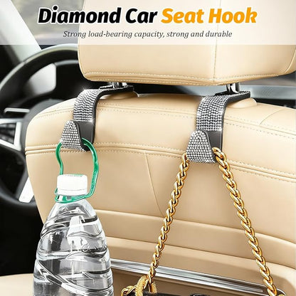HZEL 4PCS Crystal Rhinestone Vehicle Headrest Hooks for Bags, Black | plastic and rhinestone build, snap-on headrest mounting, holds bags and umbrellas, uses seatback space, fits vehicles - Image 4