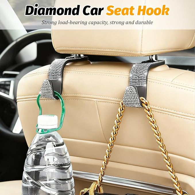 HZEL 4PCS Crystal Rhinestone Vehicle Headrest Hooks for Bags, Light Blue | plastic and rhinestone build, snap-on headrest mounting, holds bags and umbrellas, uses seatback space, fits vehicles - Image 4