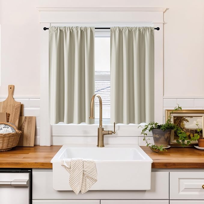 RYB HOME 100% Blackout Basement Curtains 36 inches Long, Heat & UV Blocking | Total Room Darkening, Noise Reducing, Curtains for Bathroom RV Campers, W34 x L36, Natural, 2 Panels by RYBHOME